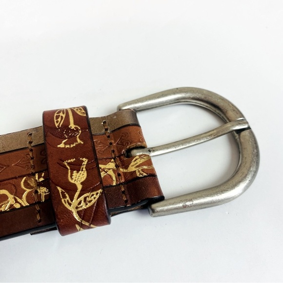 Fossil Brown Leather Tooled Rhinestone Studded Belt Size L - Picture 9 of 9